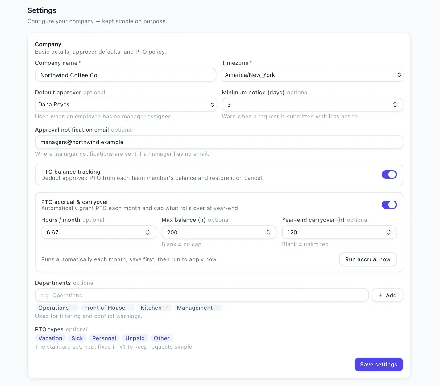 PTO settings for Northwind Coffee Co. with company details, balance-tracking and accrual toggles, department chips, and PTO type chips.