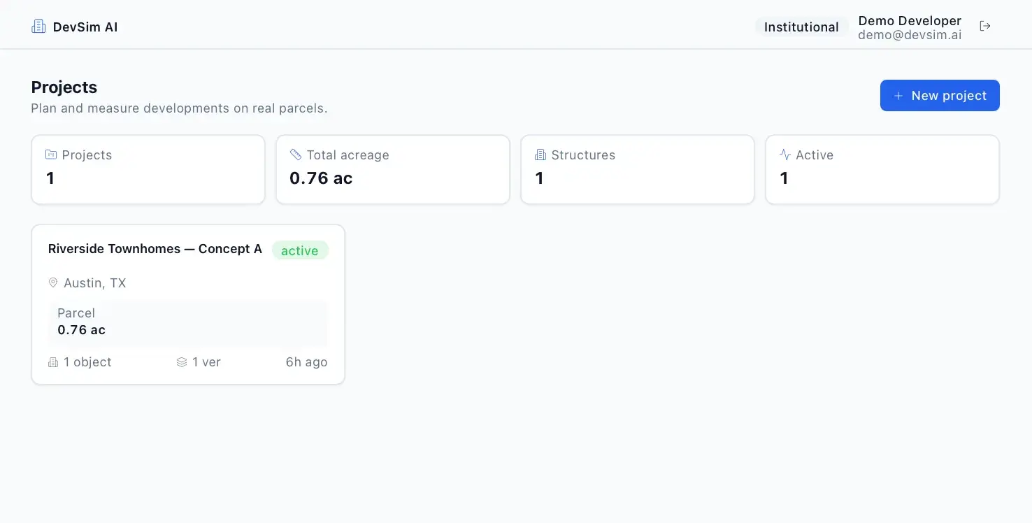 DevSim AI projects page with summary tiles for projects, acreage, and structures, and one project card for Riverside Townhomes — Concept A in Austin, TX.