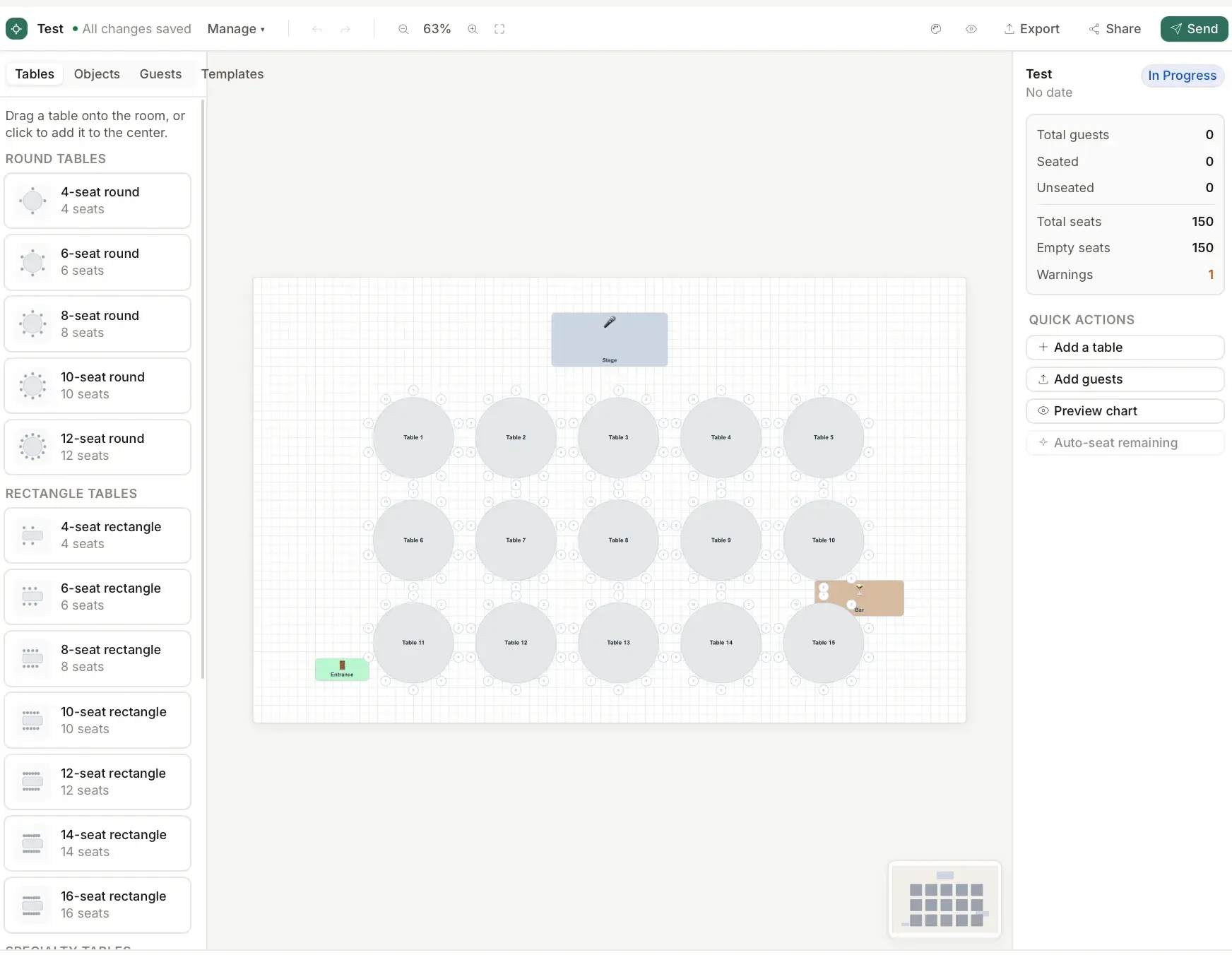 Seatly seating chart editor with a table library sidebar and a floor plan of 15 round tables, a stage, bar, and entrance; 150 seats, all empty.