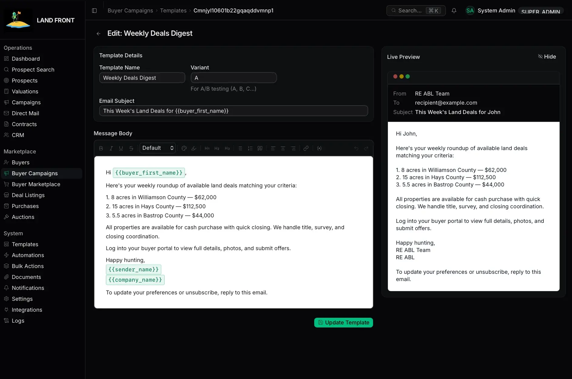 Buyer campaign template editor for 'Weekly Deals Digest' with template fields, a rich-text message body using merge tokens, and a live email preview on the right.