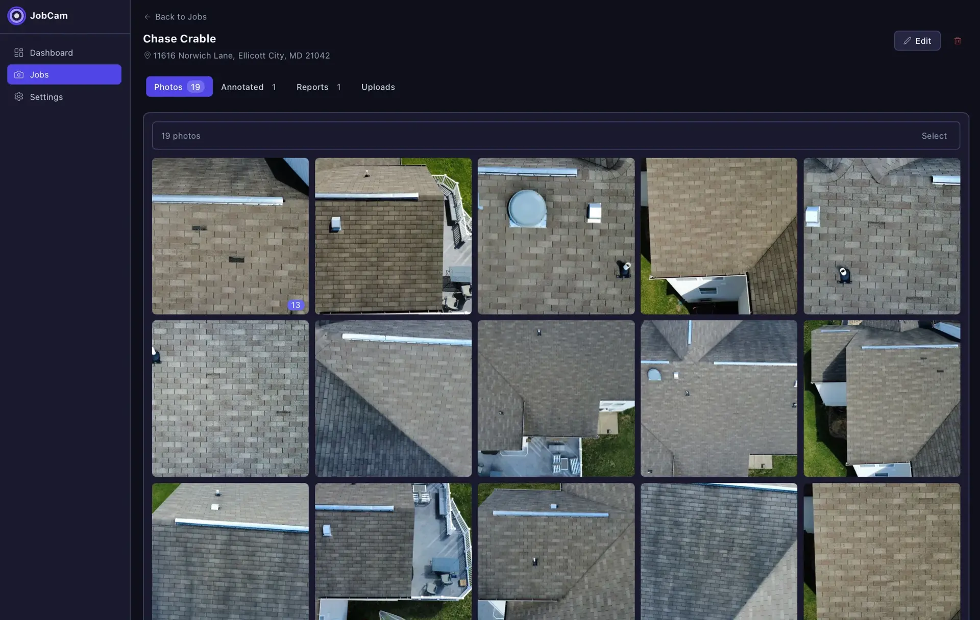 JobCam job detail for Chase Crable with Photos, Annotated, Reports, and Uploads tabs and a grid of 19 aerial drone roof photos.