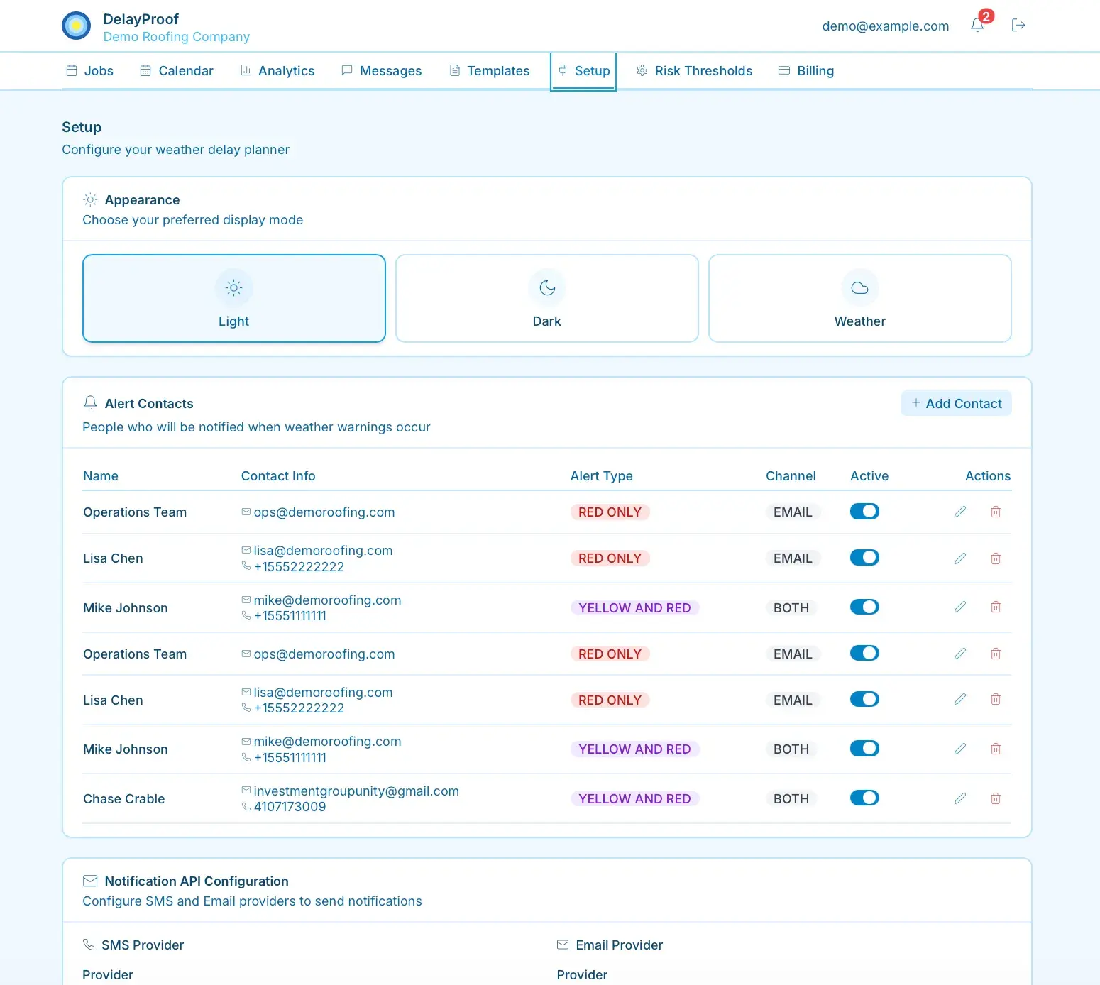 DelayProof Setup page with light/dark/weather appearance options and an Alert Contacts table listing names, contact info, alert type, channel, and active toggles.