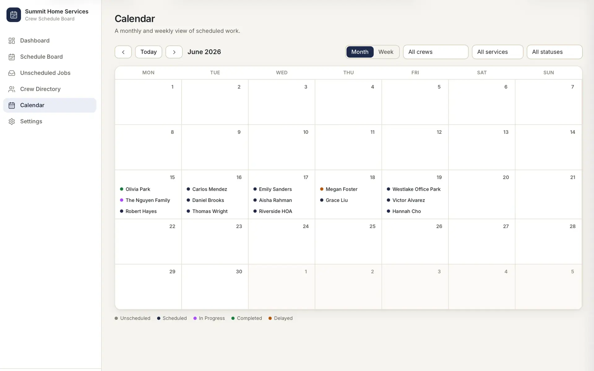 Calendar in month view for June 2026 with named jobs plotted on days and a color legend for unscheduled, scheduled, in progress, completed, and delayed.
