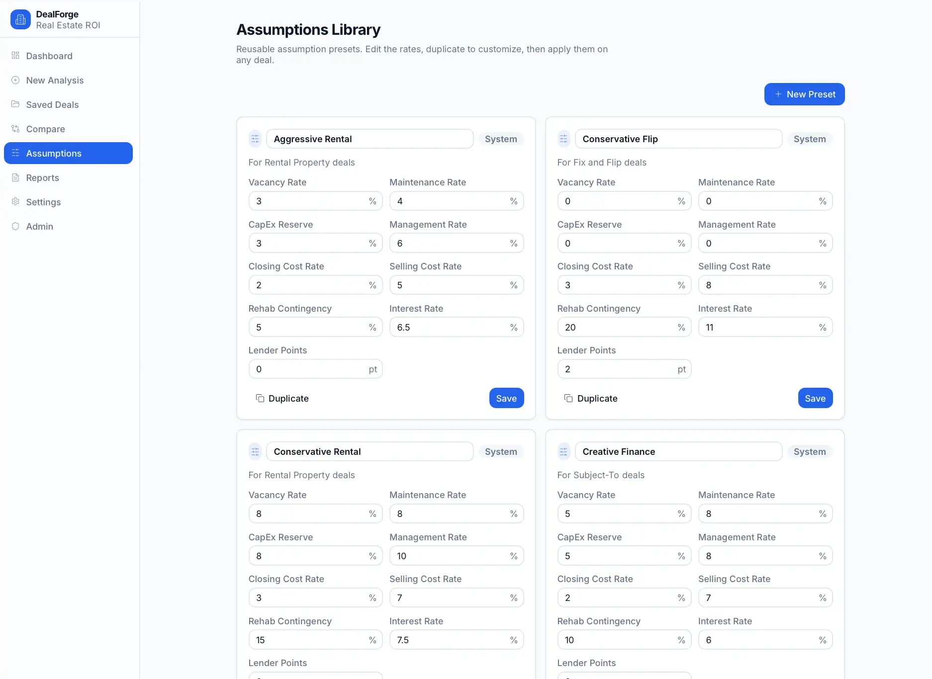 DealForge Assumptions Library showing reusable rate presets (Aggressive Rental, Conservative Flip, Conservative Rental, Creative Finance) with editable vacancy, maintenance, and financing rate fields.