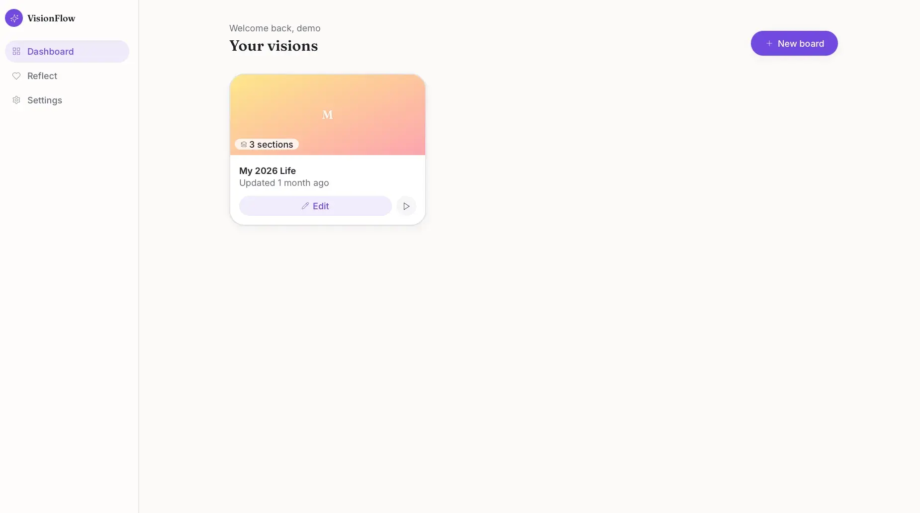 VisionFlow dashboard showing one vision board card titled My 2026 Life with 3 sections and Edit and play buttons.