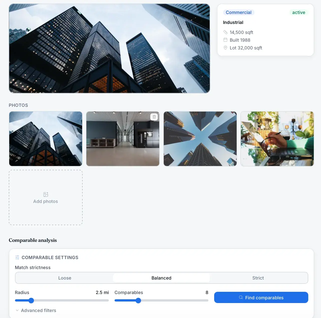 Industrial property detail with a hero photo, a specs card (14,500 sqft, built 1988), a photo gallery, and comparable-analysis settings with match strictness.