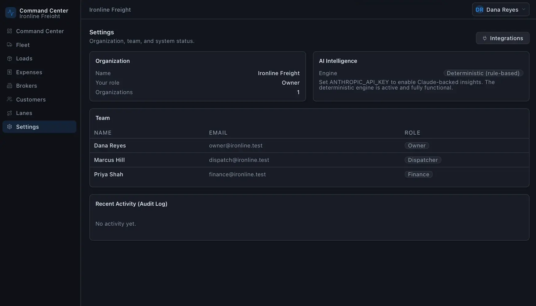 Ironline Freight Settings page with organization info, AI intelligence set to deterministic rule-based engine, a team roster, and an empty audit log