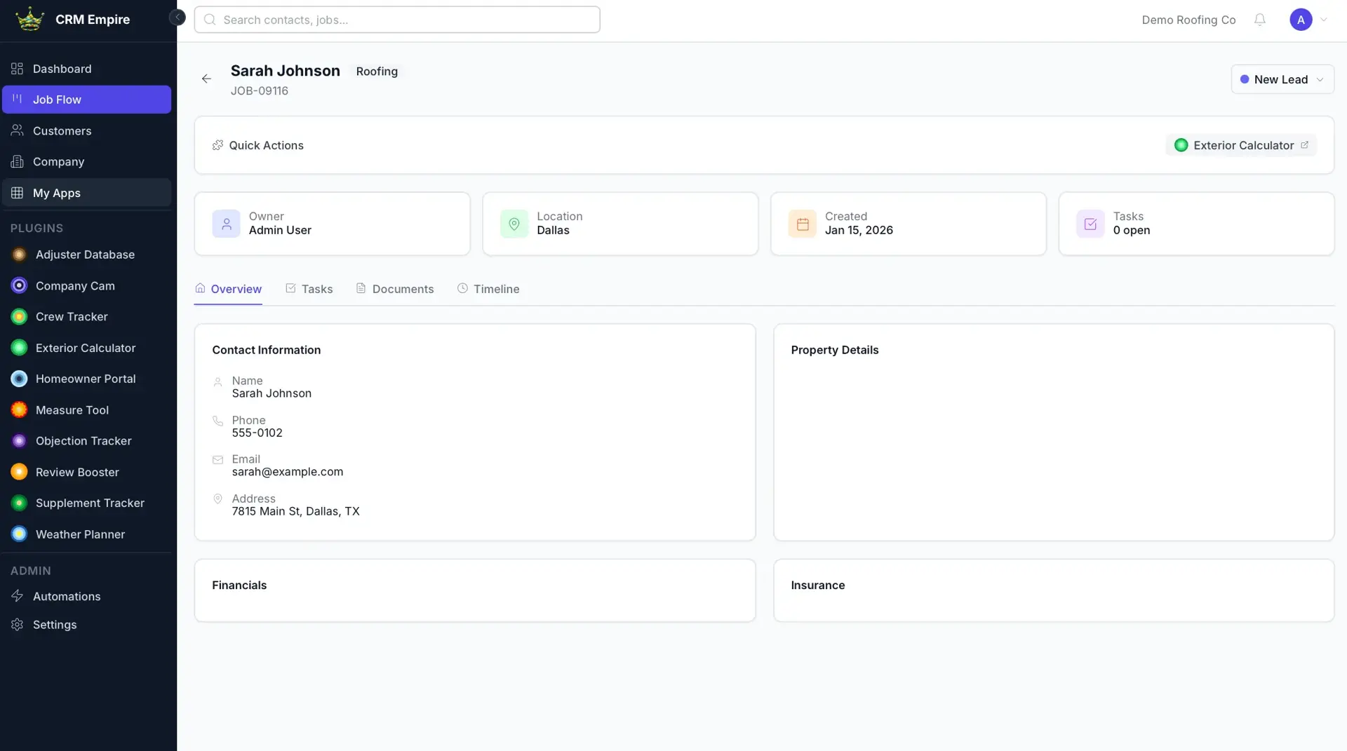 CRM Empire job detail for Sarah Johnson (JOB-09116) showing owner, location, created date, and a Contact Information panel with phone, email, and address