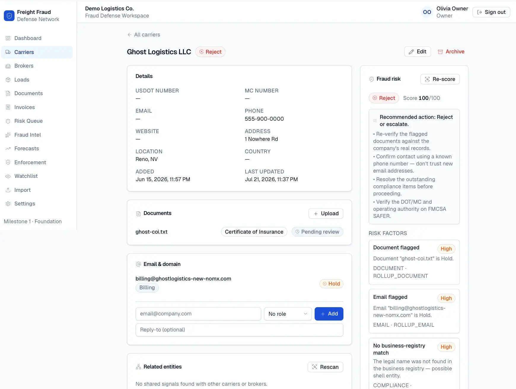 Carrier detail for Ghost Logistics LLC with a Reject 100/100 fraud score, recommended actions, and high-severity risk factors for document, email, and registry.