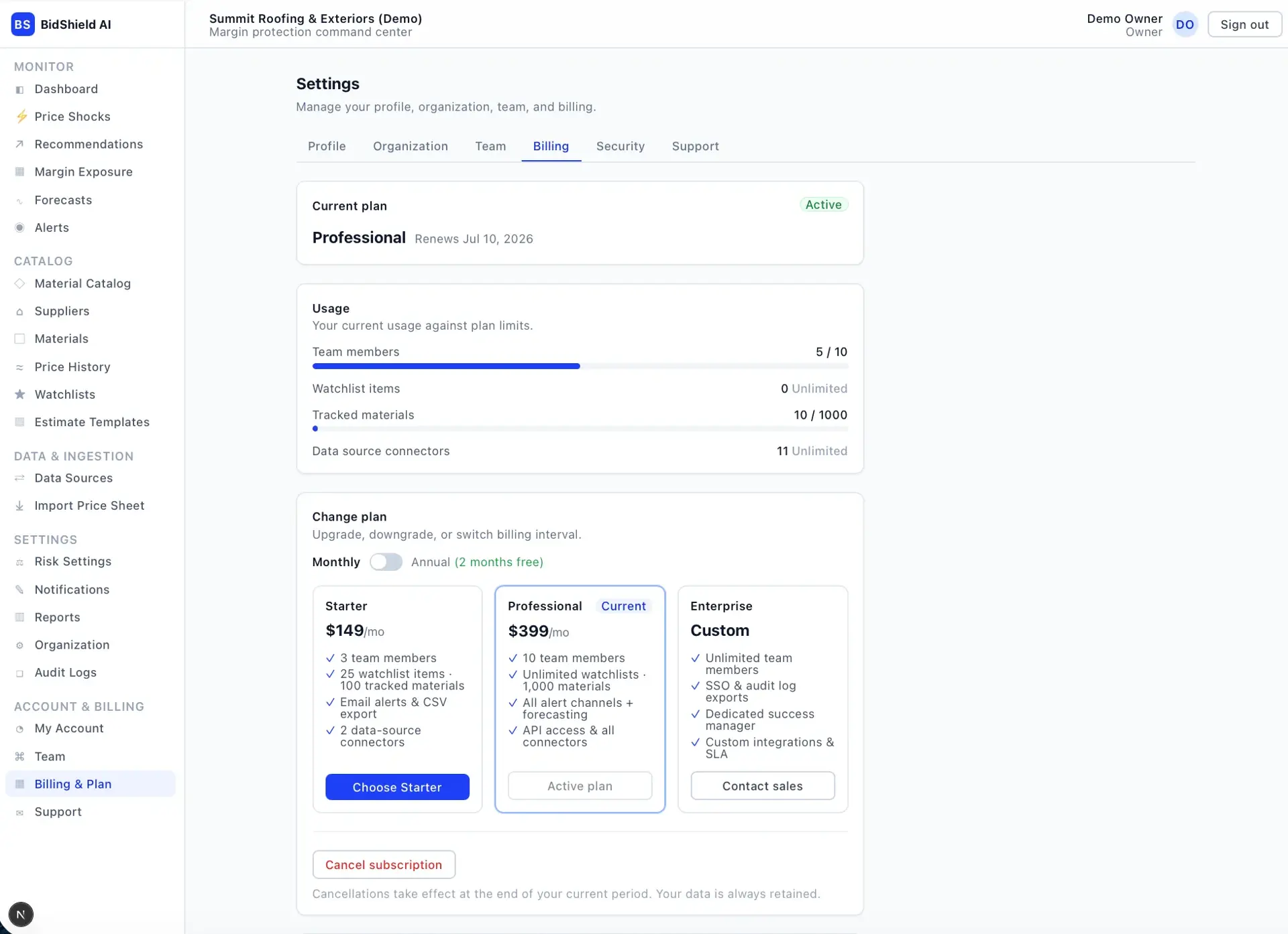 BidShield AI billing settings showing the active Professional plan, usage bars for team members and tracked materials, and Starter, Professional, and Enterprise plan options.