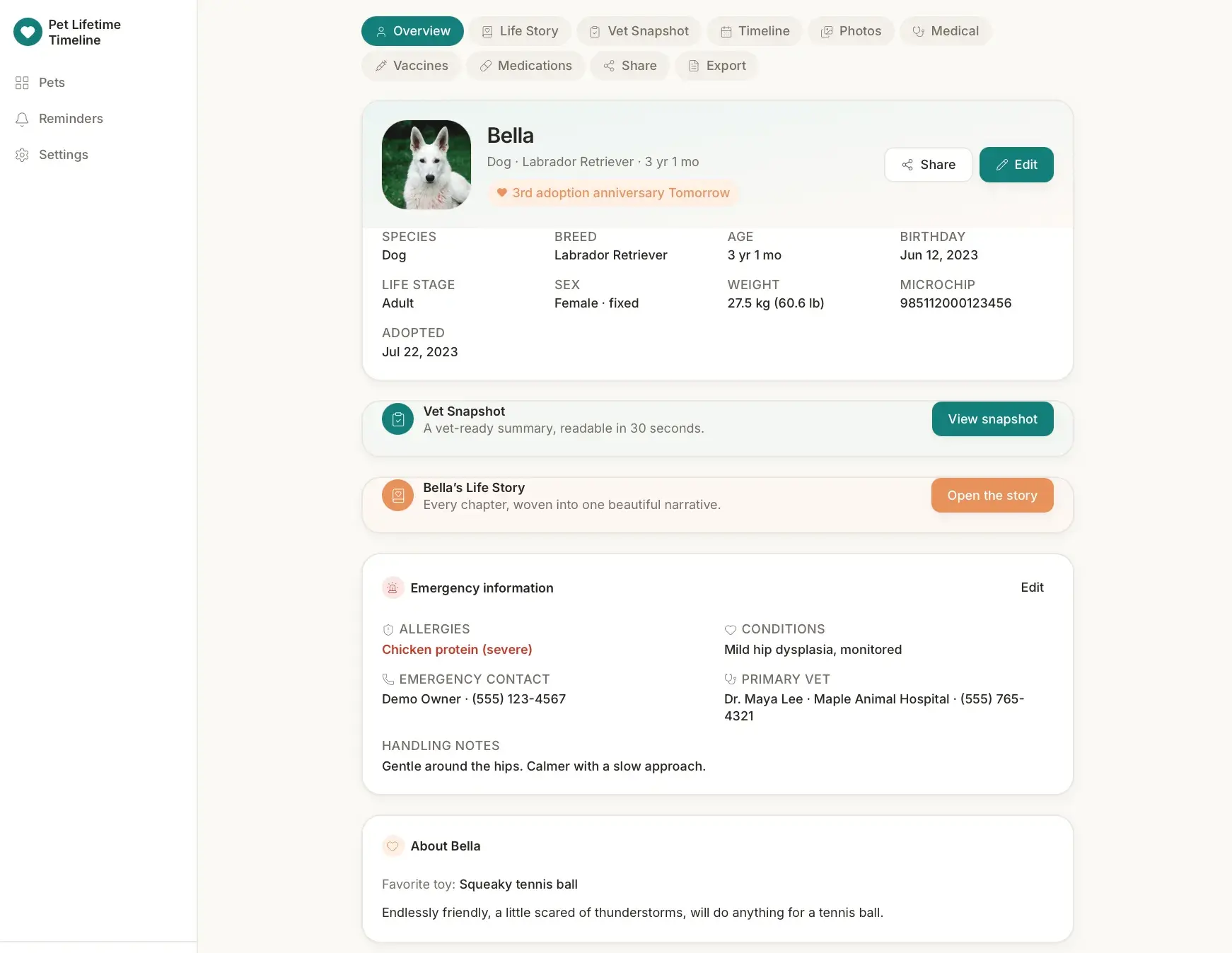 Overview tab for Bella the dog with profile facts (breed, age, weight, microchip), a vet snapshot link, life story link, and emergency information.