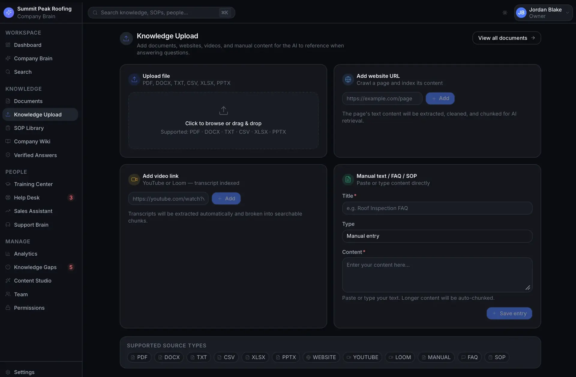 Knowledge Upload page with four intake panels: file upload, add website URL, add video link, and manual text/FAQ/SOP entry.