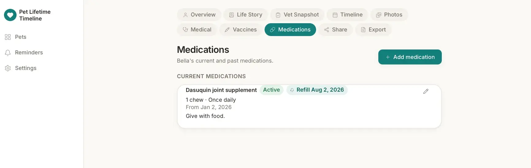 Medications tab for Bella showing one active medication, Dasuquin joint supplement, dosed once daily with an Aug 2 refill reminder.