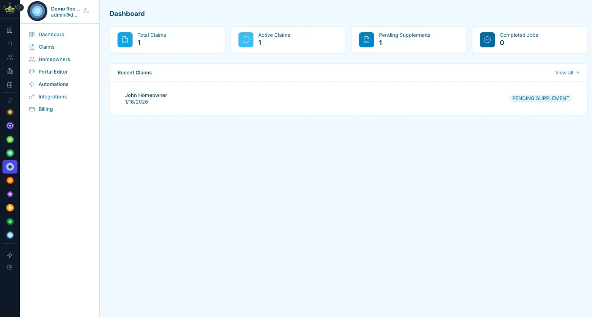 Homeowner claim portal dashboard within CRM Empire showing claims counts (1 total, 1 active, 1 pending supplement) and a recent claim for John Homeowner marked Pending Supplement
