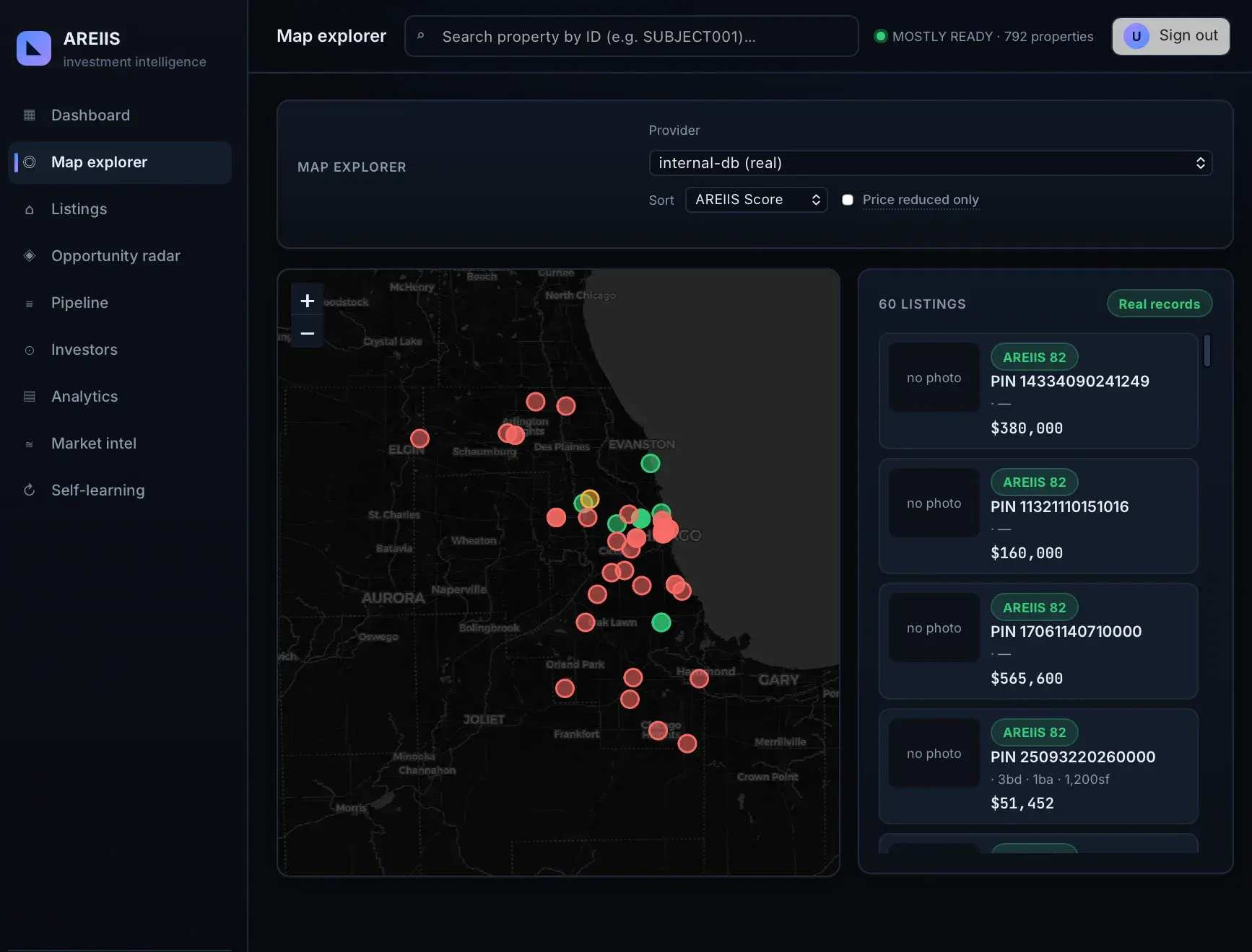 AREIIS Map explorer showing a dark Chicago-area map with colored property markers beside a scrollable list of 60 listings with PINs, prices, and scores