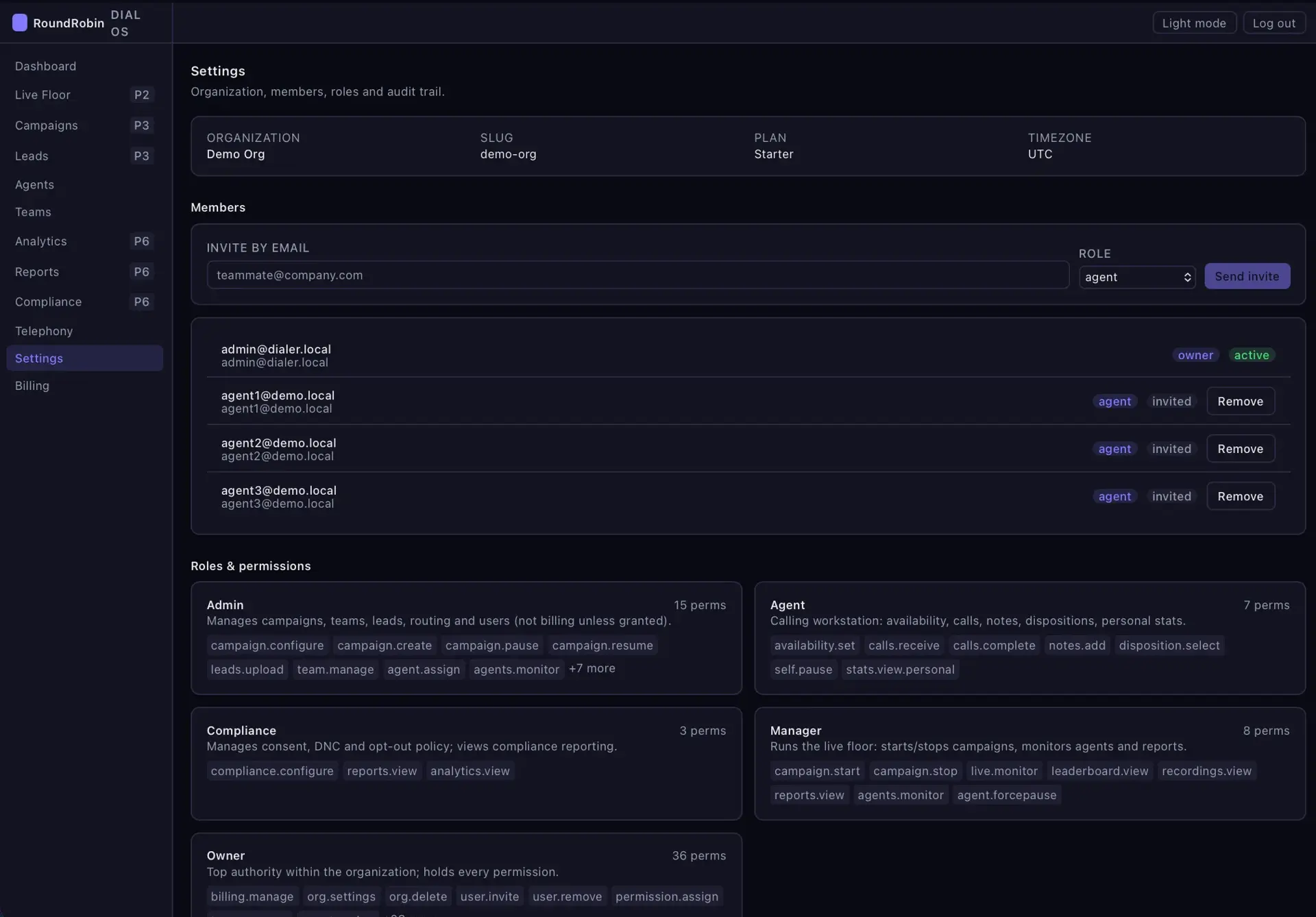 Settings screen with organization details, a members list with roles and invites, and a roles-and-permissions grid for Admin, Agent, Compliance, Manager, and Owner.