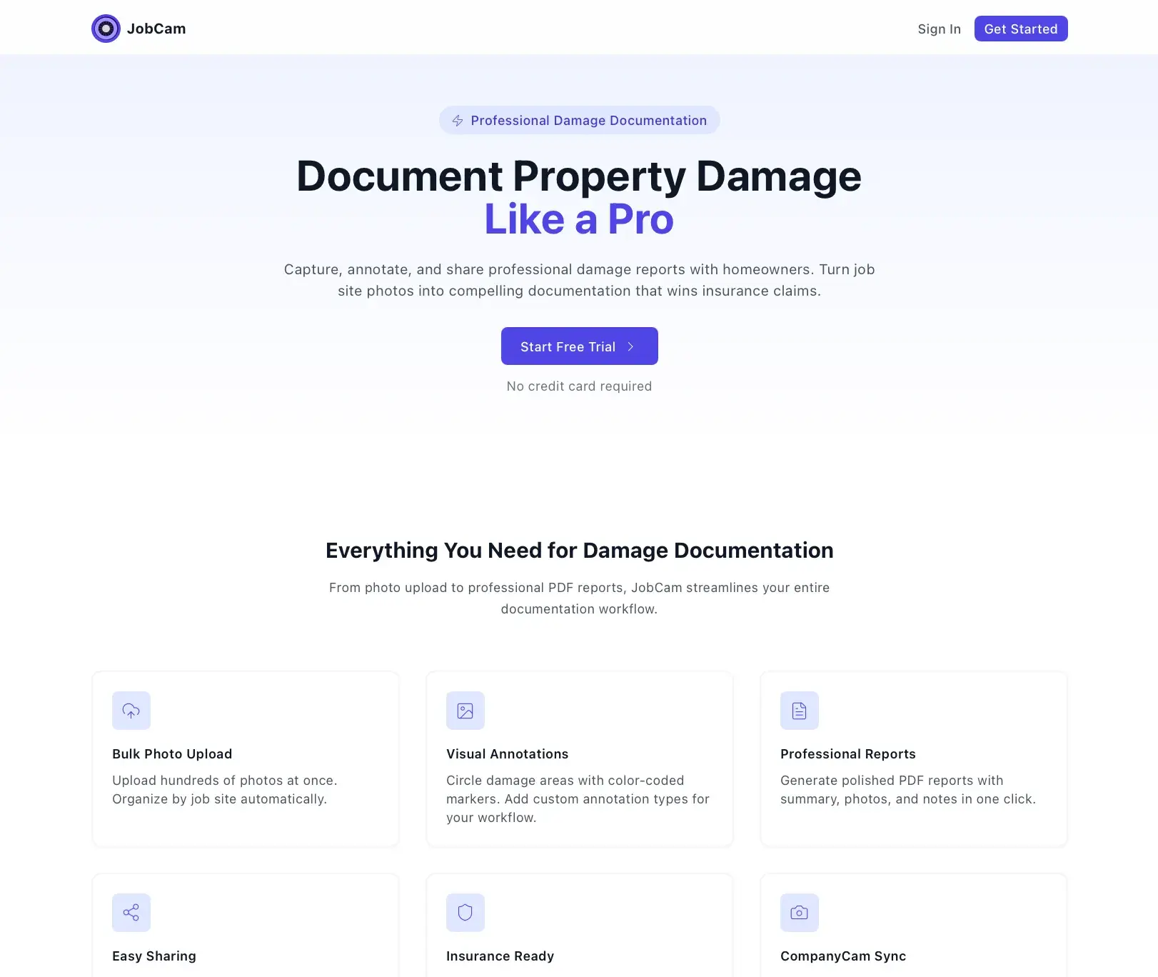 JobCam landing page headlined Document Property Damage Like a Pro, with a start-free-trial button and feature cards for photo upload and reports.