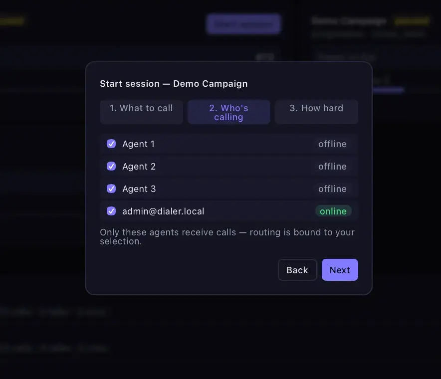Start session modal, step 2 'Who's calling', with four agents checked; three offline and admin online, noting routing is bound to the selection.