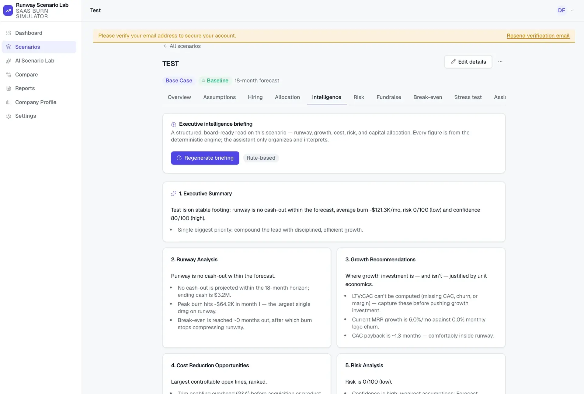 Scenario Intelligence tab showing an executive intelligence briefing with executive summary, runway analysis, growth recommendations, and risk analysis sections.