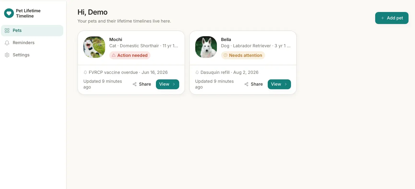Pets dashboard showing two pet cards, Mochi the cat flagged Action needed and Bella the dog flagged Needs attention, each with Share and View buttons.