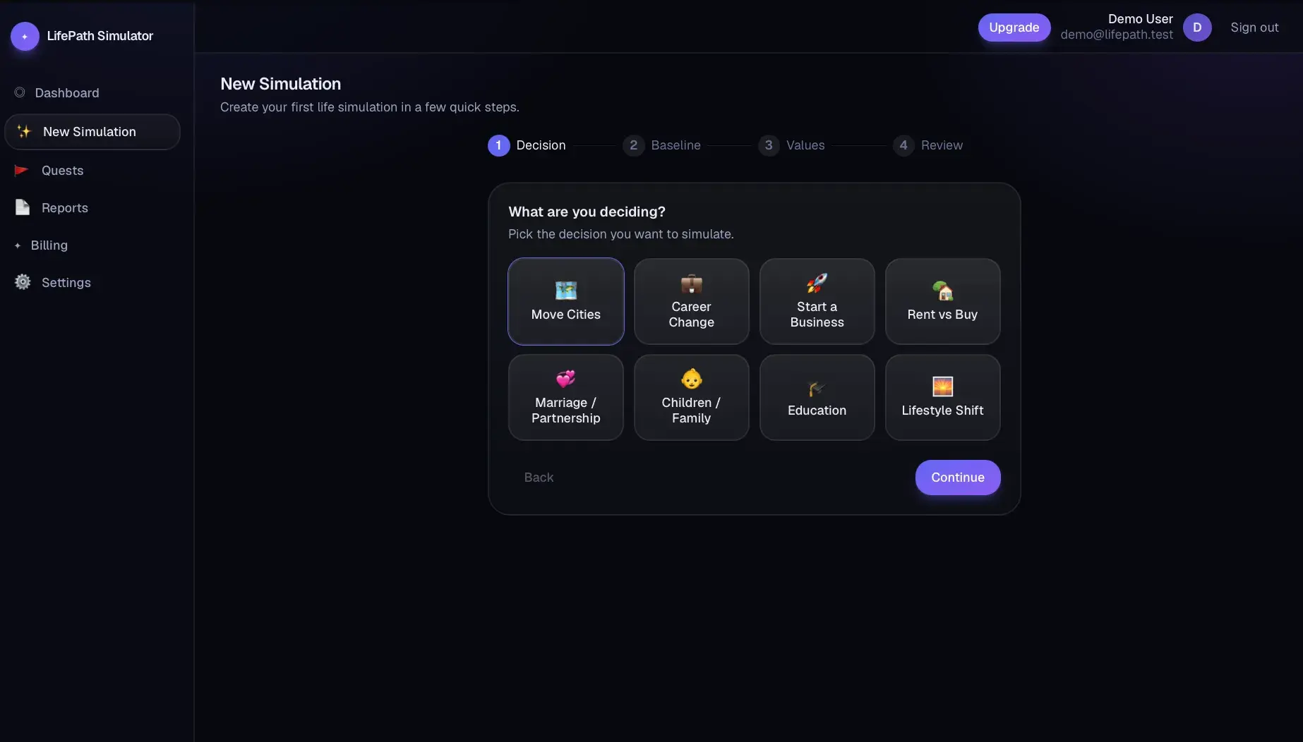 New Simulation step 1 'What are you deciding?' with a grid of decision tiles (Move Cities, Career Change, Start a Business, Rent vs Buy, and more).
