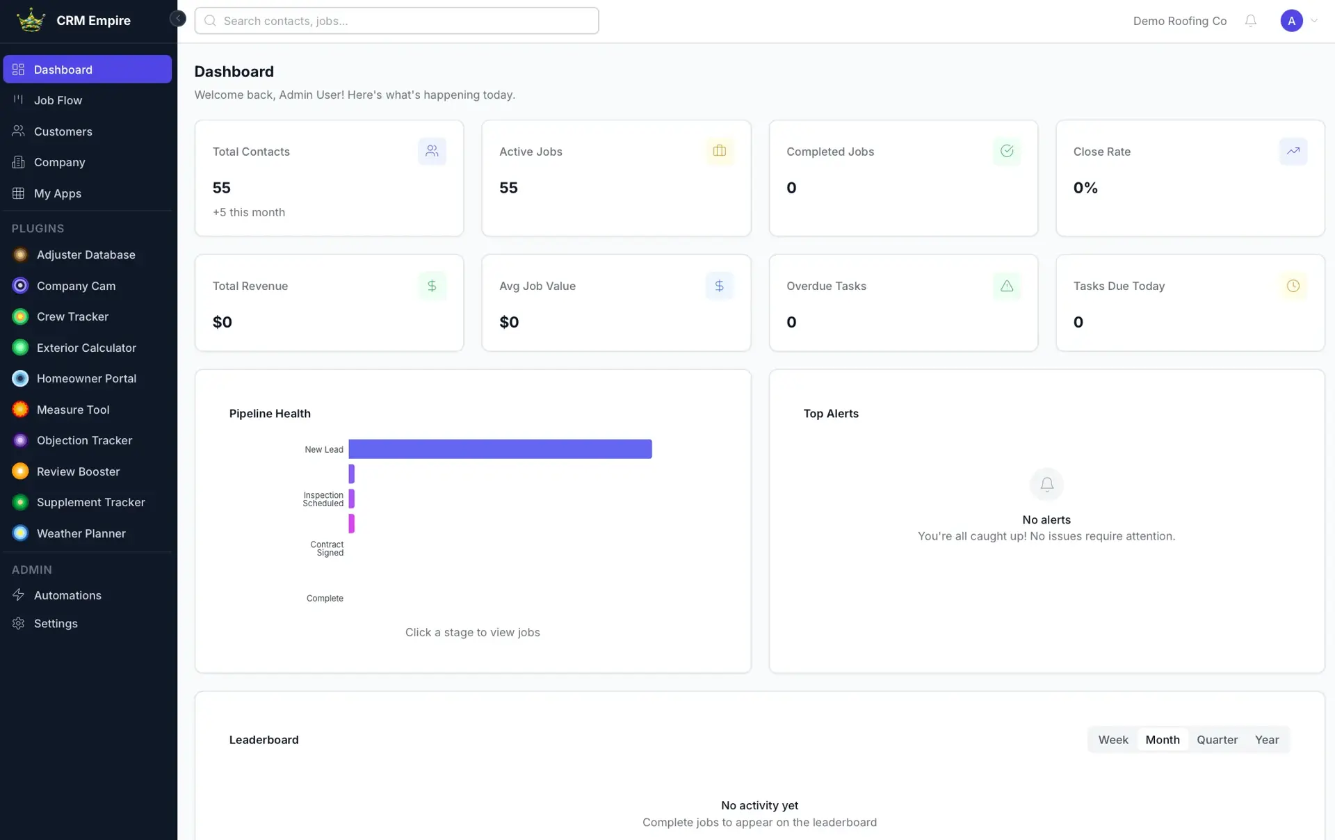 CRM Empire dashboard for Demo Roofing Co with KPI tiles (contacts, active jobs, close rate, revenue), a pipeline health bar chart, and a Top Alerts empty state