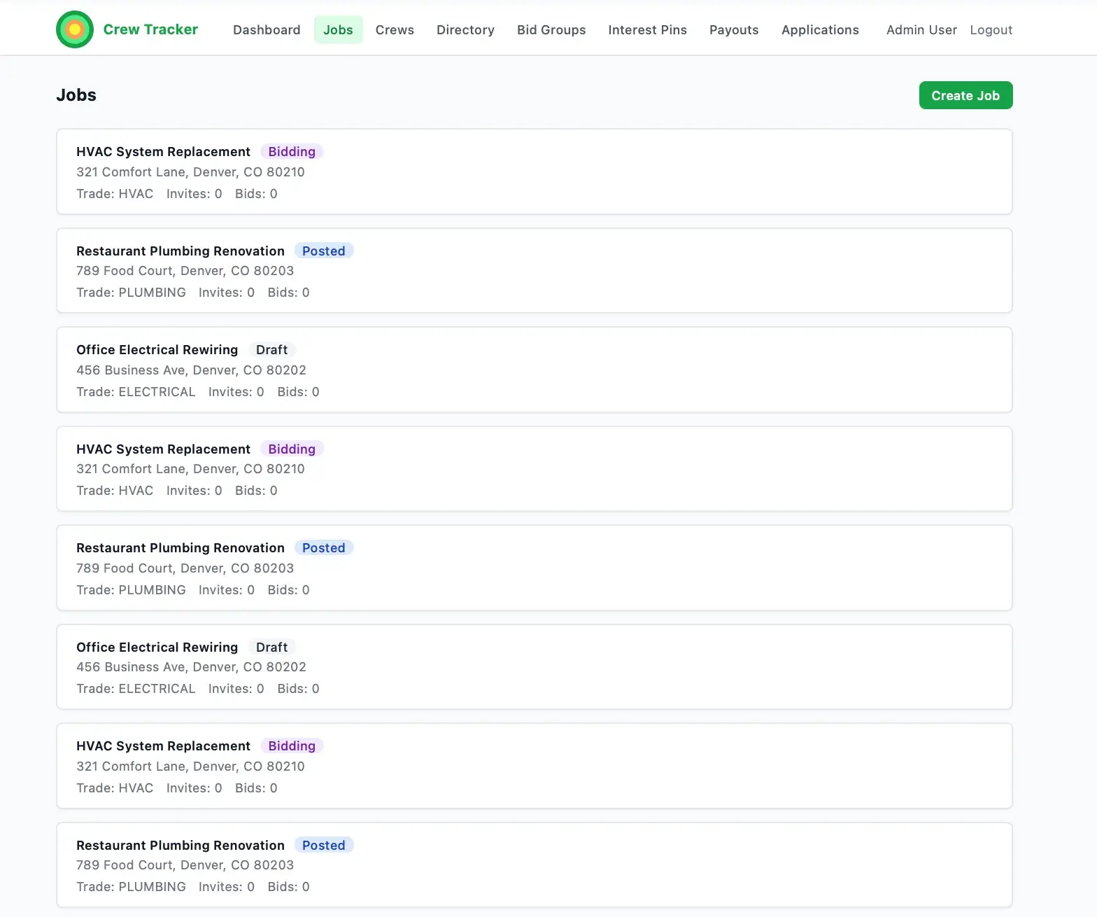 Crew Tracker Jobs list showing HVAC, plumbing, and electrical jobs with status badges (Bidding, Posted, Draft) and a Create Job button