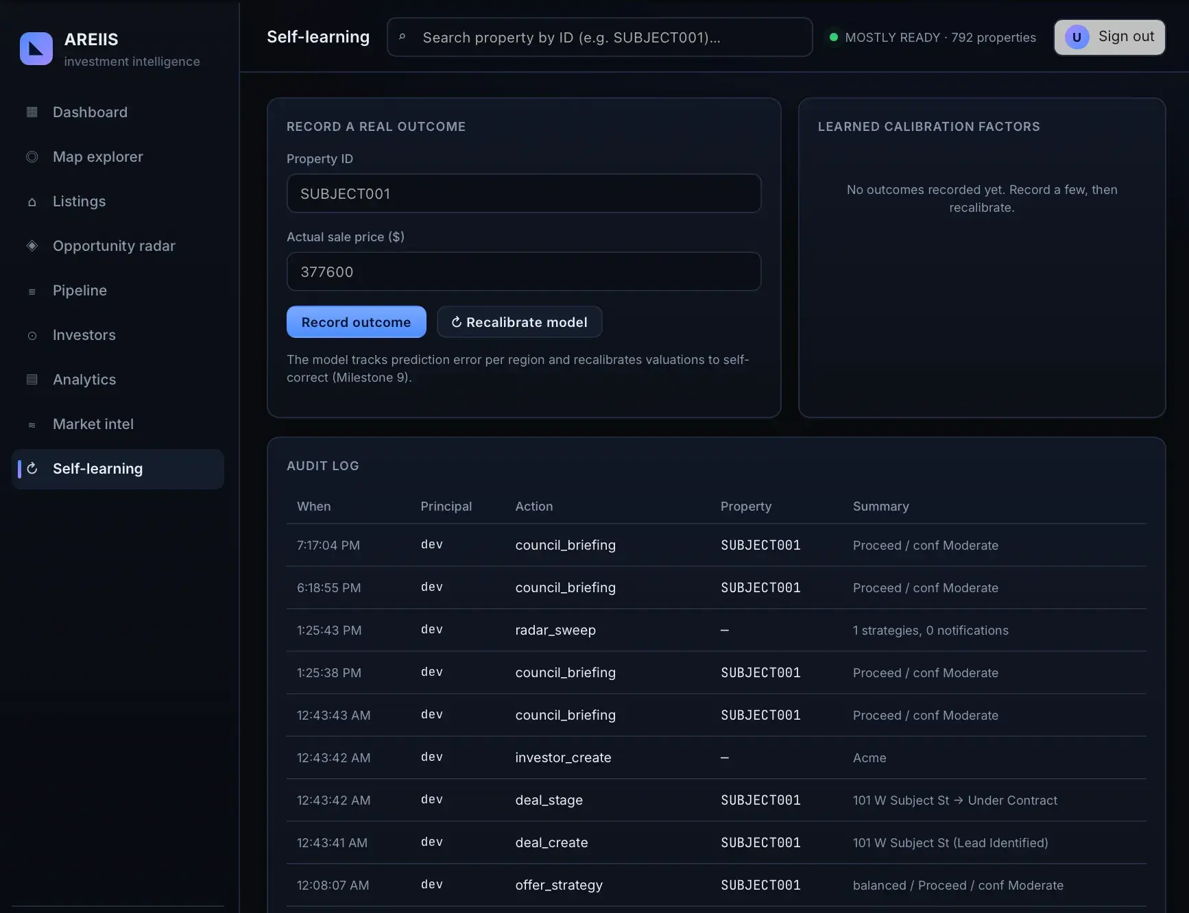 AREIIS self-learning page to record a real sale outcome for a property ID, with calibration factors panel and an audit log of recent actions