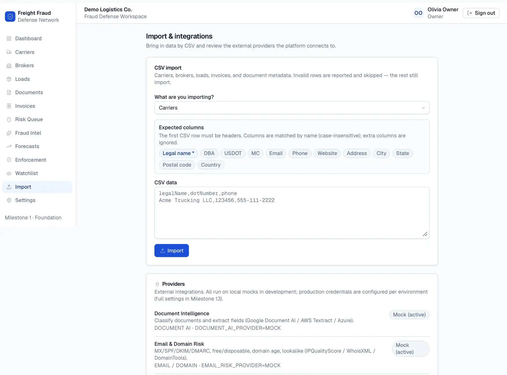 Import & integrations page with a CSV import form for carriers showing expected columns and sample data, plus a list of external provider integrations on mock.