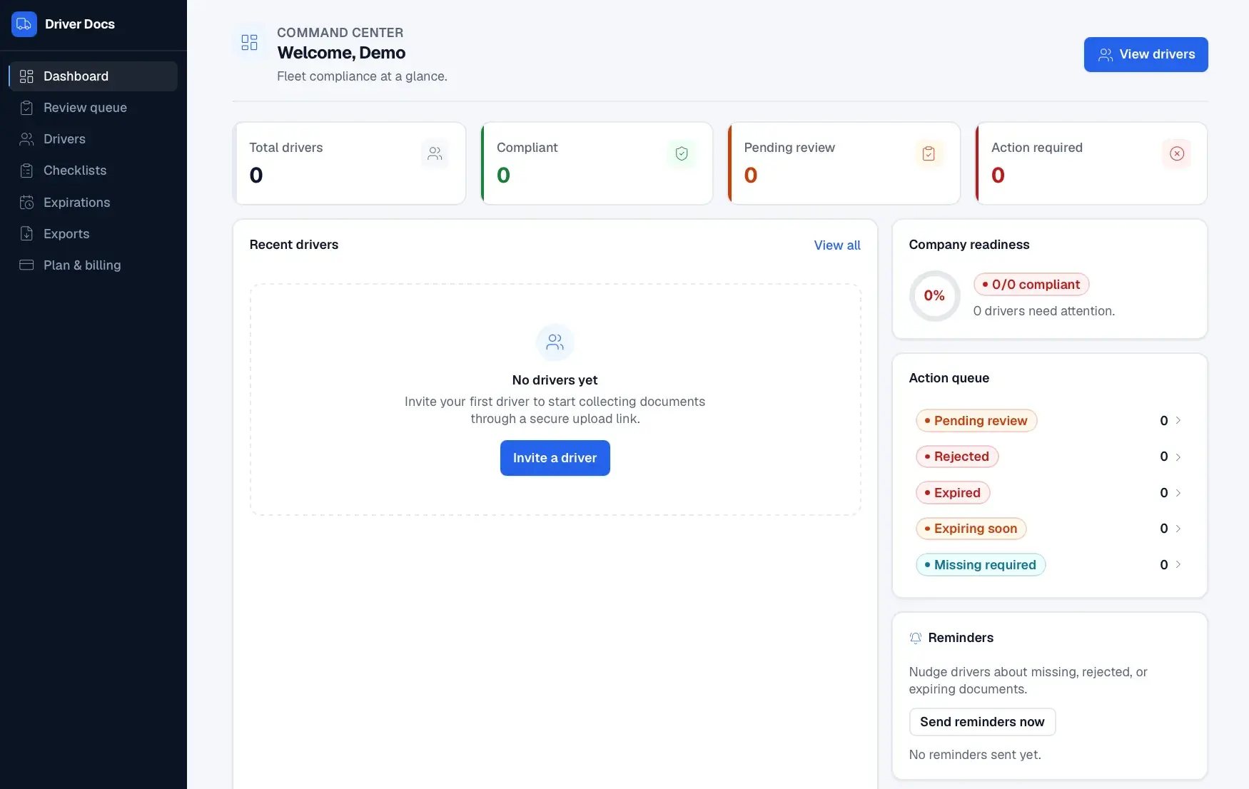 Driver Docs command-center dashboard in an empty state: all counters at zero, a 'No drivers yet' prompt to invite a driver, and company readiness and action-queue panels.