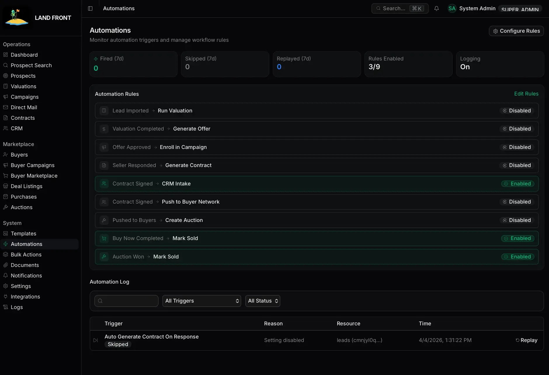 Automations screen with fired/skipped/replayed counters, a list of nine trigger-to-action rules toggled enabled or disabled, and an automation log with a skipped entry.