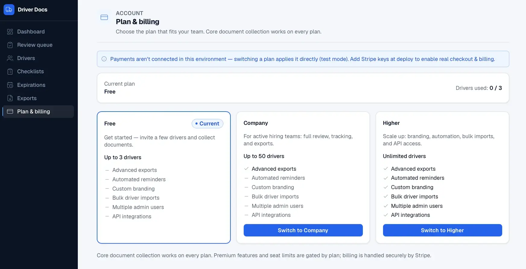 Plan & billing page showing the Free plan as current (0/3 drivers) alongside Company and Higher plan cards comparing features; note that payments aren't connected in this environment.