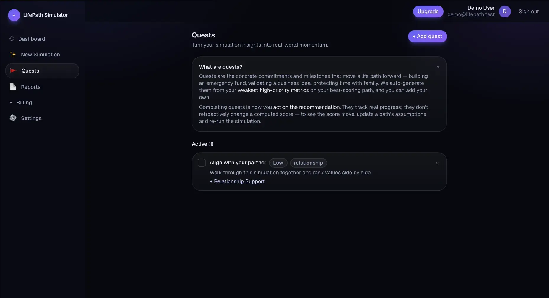 Quests page explaining auto-generated commitments, with one active quest 'Align with your partner' tagged Low priority and relationship.