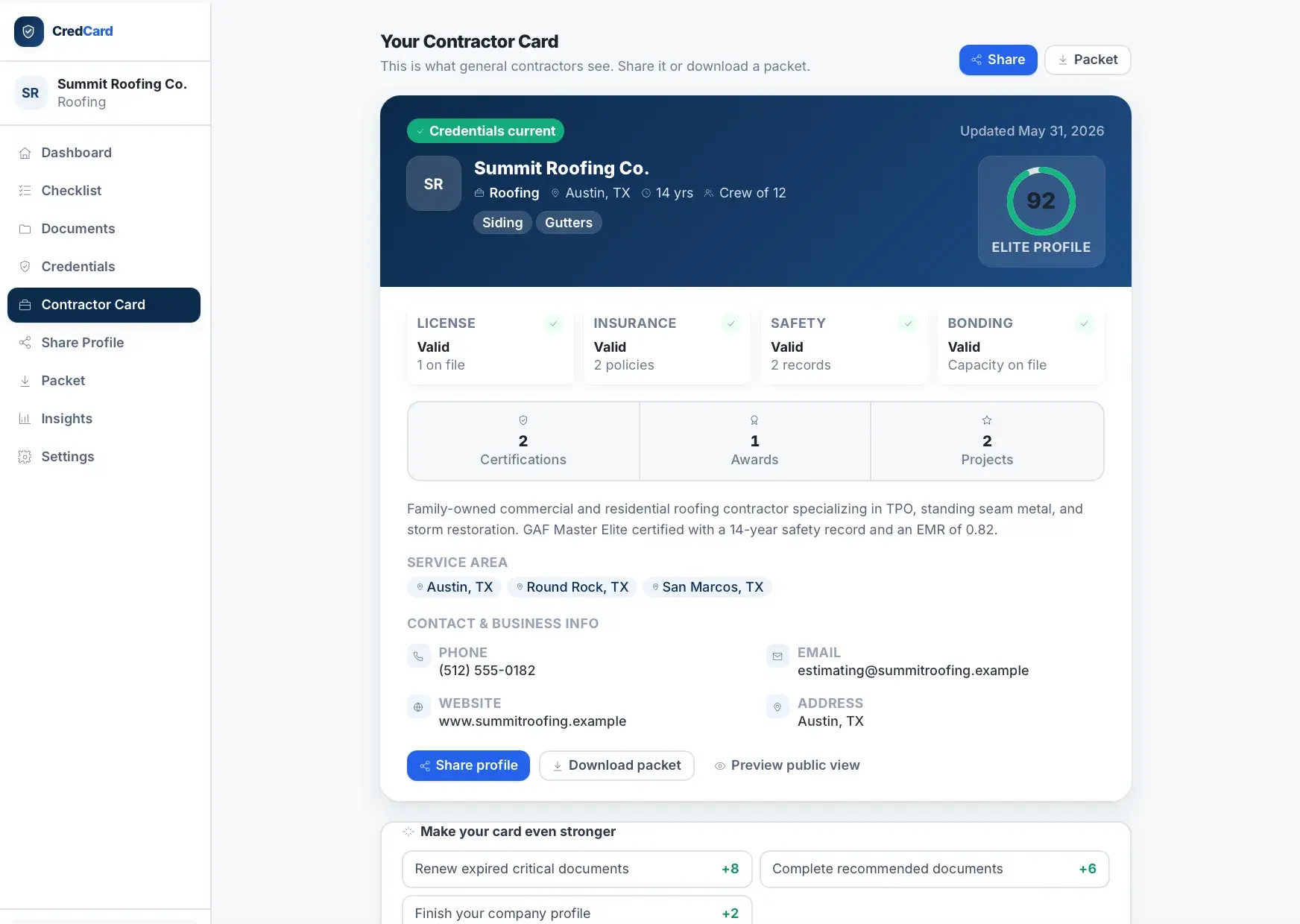 CredCard Contractor Card preview for Summit Roofing Co. — the shareable view general contractors see, with score 92, credential status, company stats, and Share and Download packet actions.