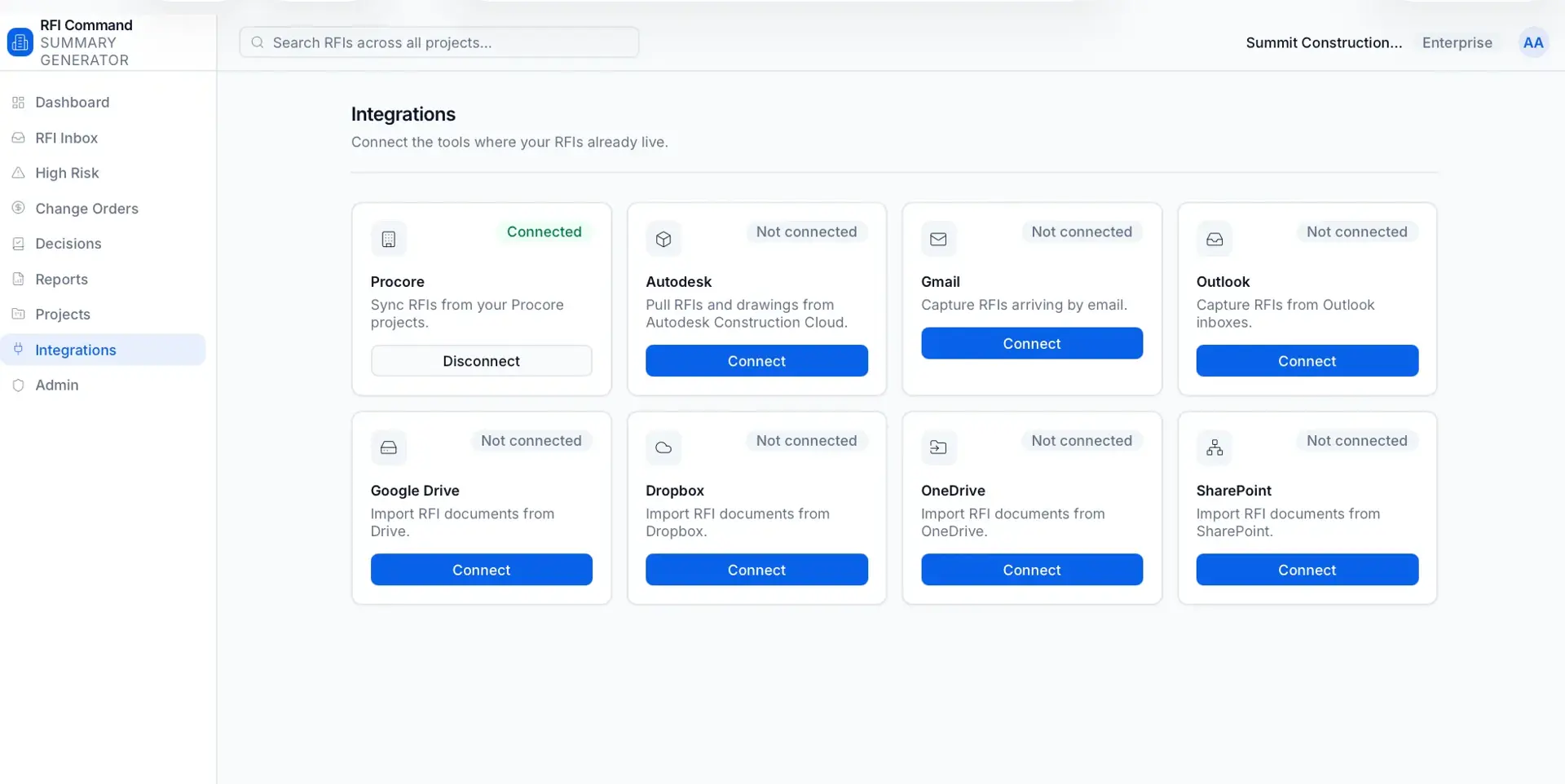 Integrations screen with cards for Procore (Connected), Autodesk, Gmail, Outlook, Google Drive, Dropbox, OneDrive, and SharePoint, most showing Connect buttons.