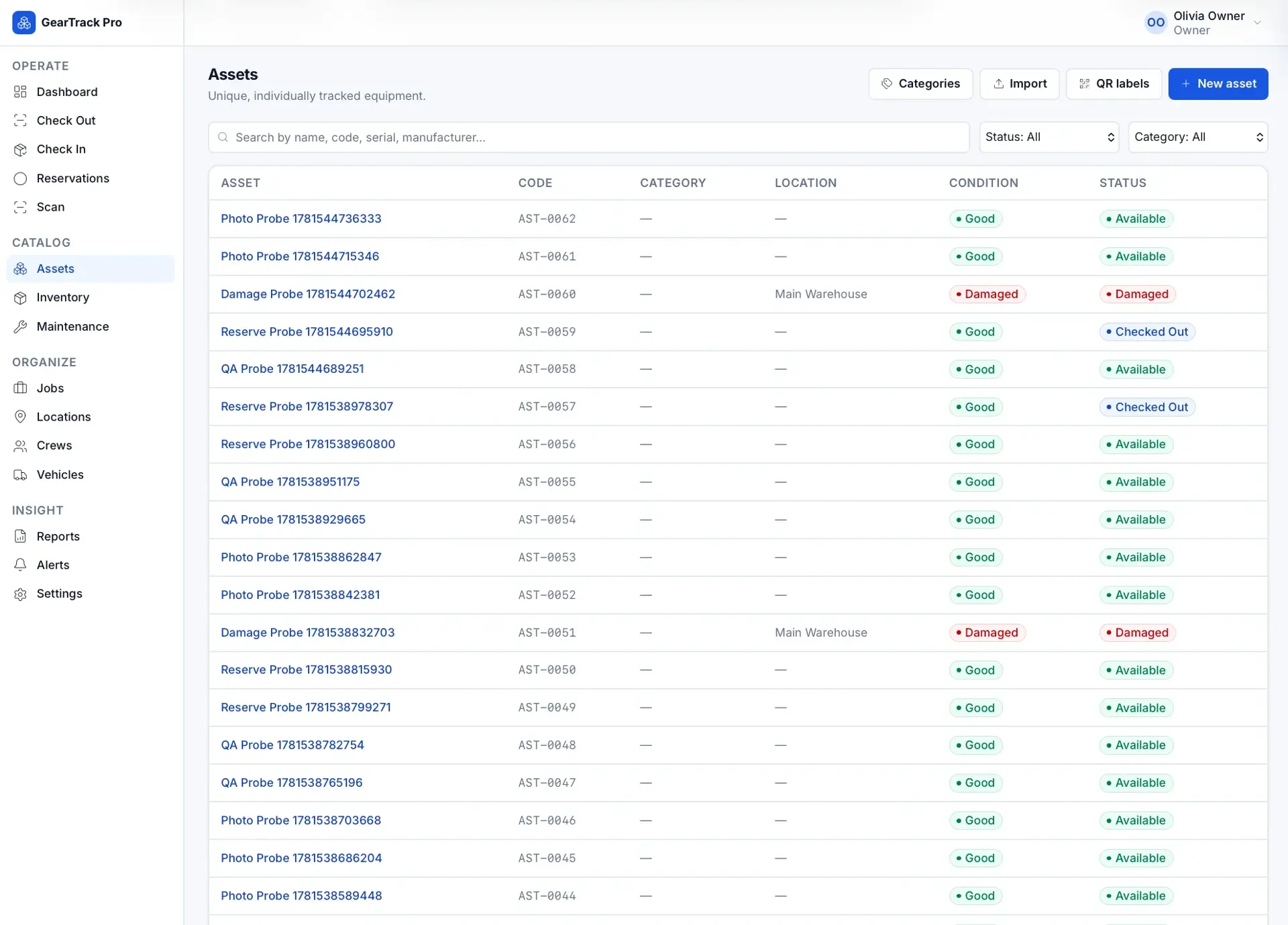 Assets catalog table of individually tracked probes with columns for asset name, code, category, location, condition, and status (available, checked out, damaged).