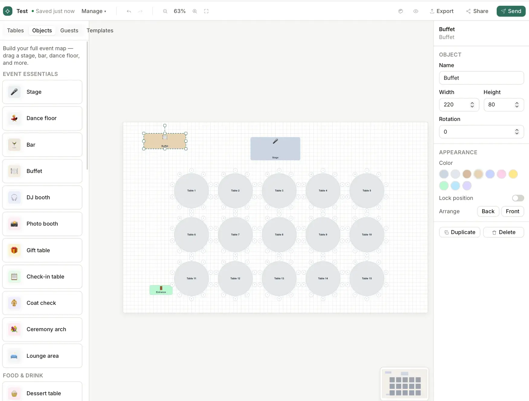 Seatly editor with a selected buffet object showing its properties panel: name, width, height, rotation, color swatches, and arrange controls.