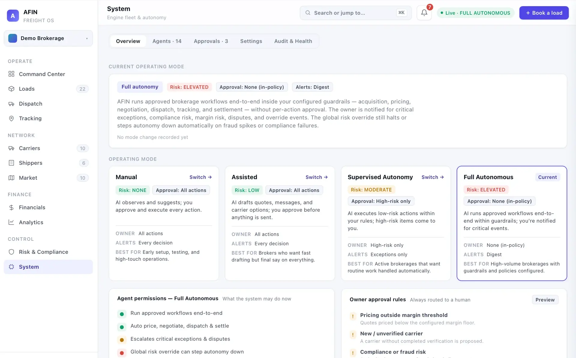 AFIN System page for engine fleet and autonomy, showing the current Full Autonomous mode and four selectable operating-mode cards (Manual, Assisted, Supervised, Full Autonomous) with risk and approval settings.
