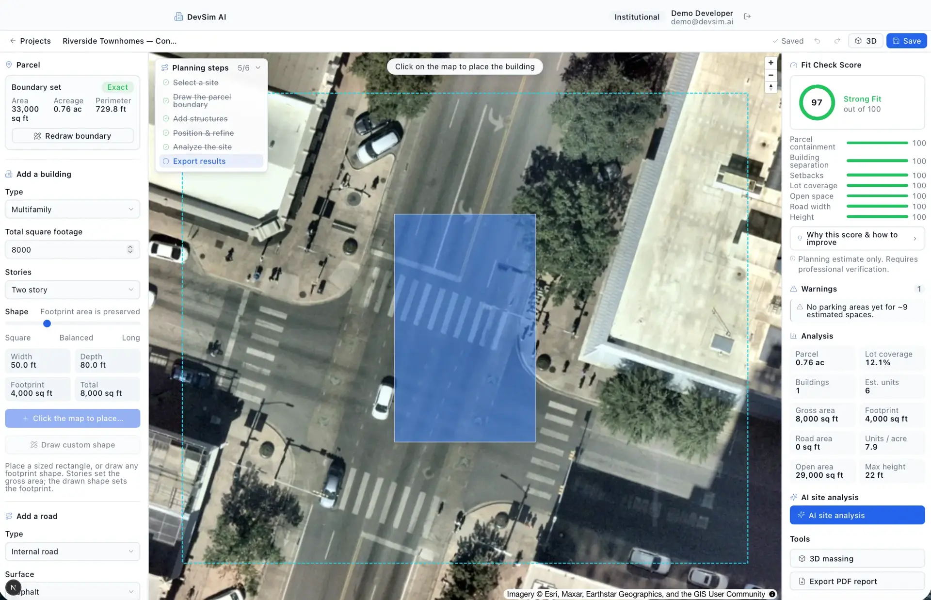 DevSim AI site planner with a satellite parcel map and placed building footprint, a left panel for parcel and building settings, and a right panel showing a Fit Check score of 97 with metric breakdowns.
