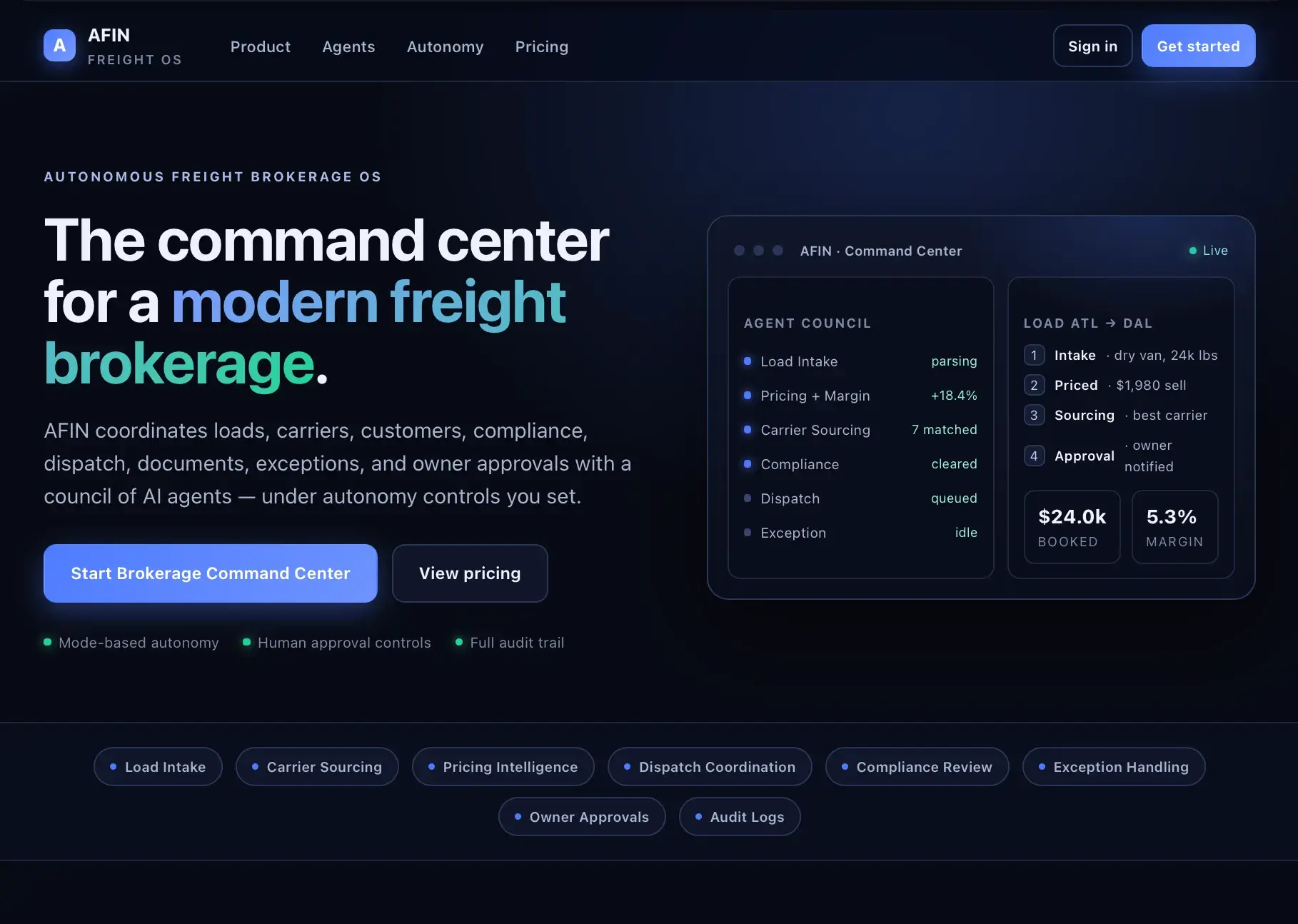 AFIN Freight OS landing page headlined 'The command center for a modern freight brokerage,' with a live agent-council preview panel and capability chips for the load lifecycle.