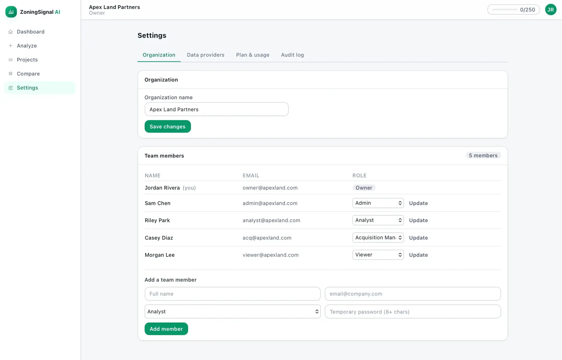 ZoningSignal AI settings on the Organization tab with an organization name field and a team members table of five people with editable roles.