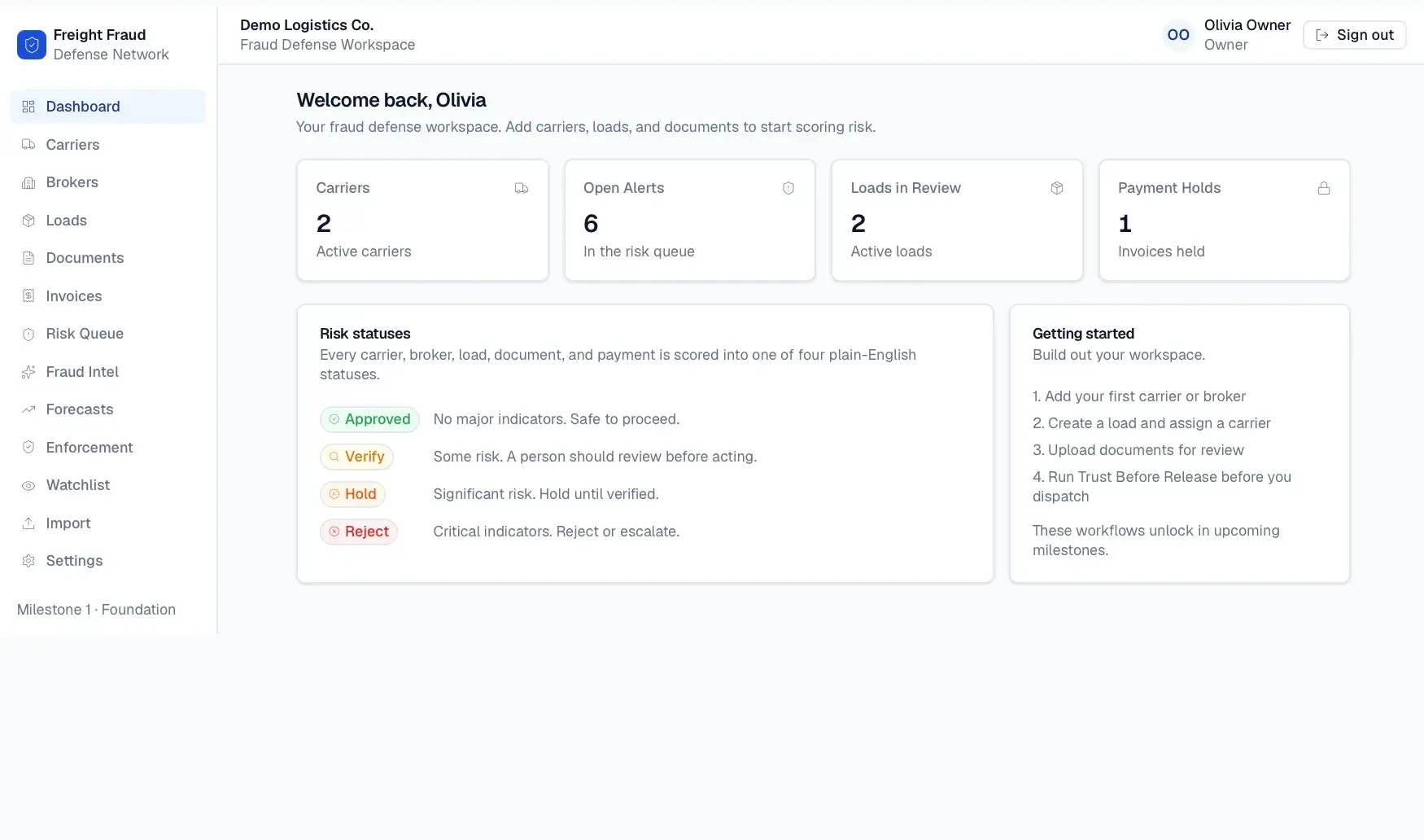 Freight Fraud Defense Network dashboard with stat cards for carriers, open alerts, loads in review, and payment holds, plus a risk-status legend.