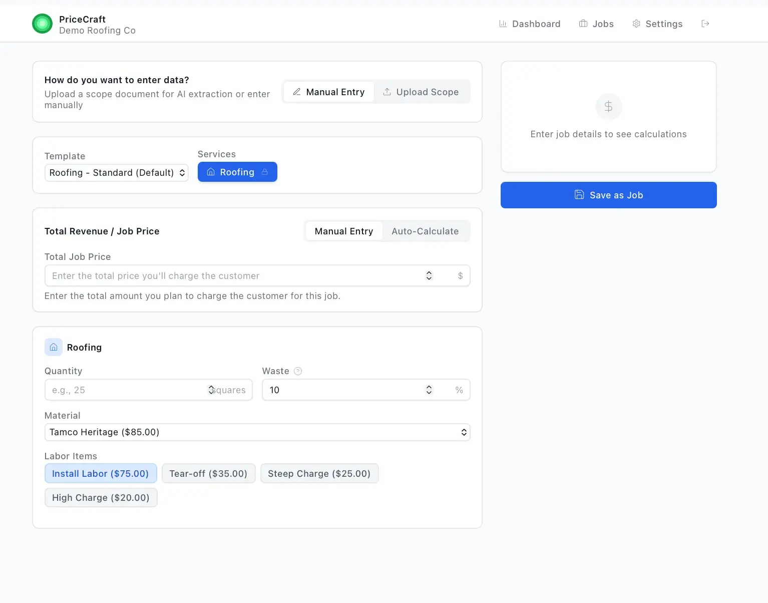 PriceCraft estimate calculator with a roofing template, total job price field, and roofing inputs for quantity, waste, material, and labor items; results panel empty