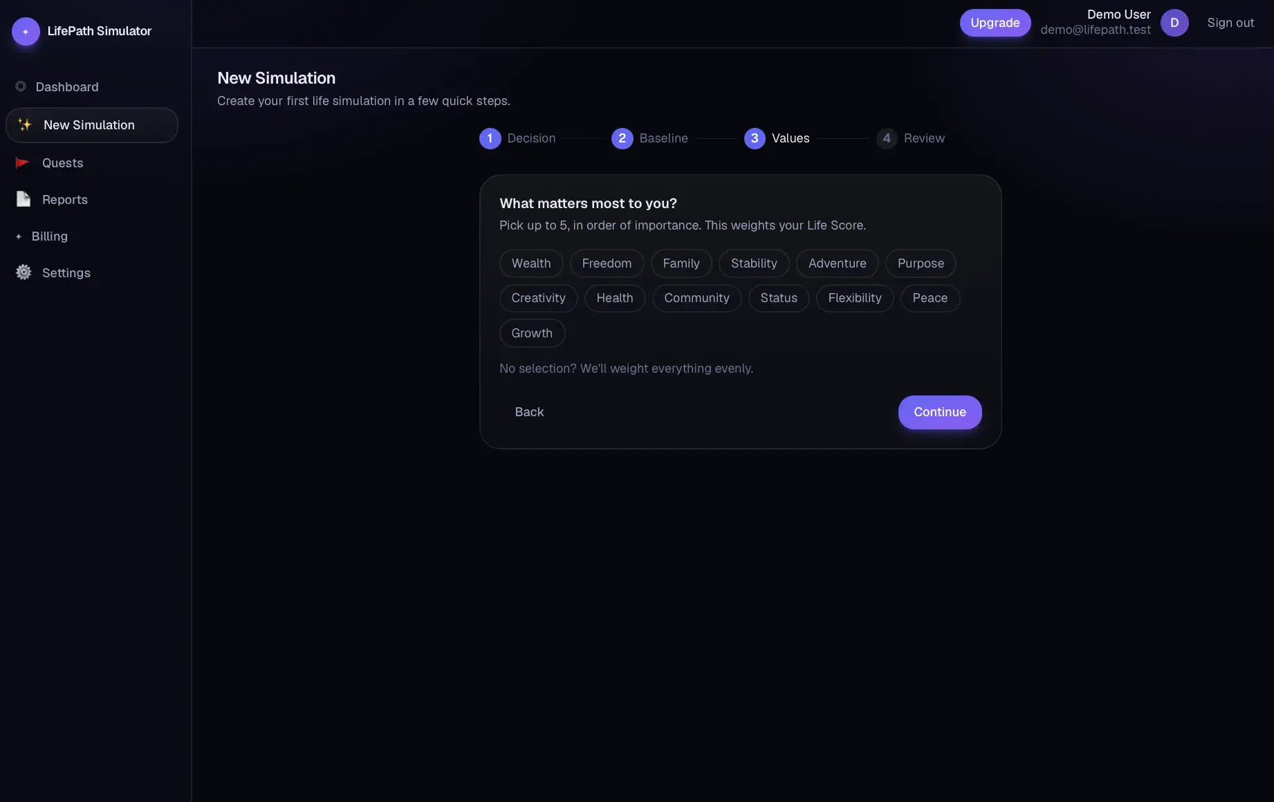 New Simulation step 3 'What matters most to you?' showing selectable value chips like Wealth, Freedom, Family, and Stability, none yet selected.