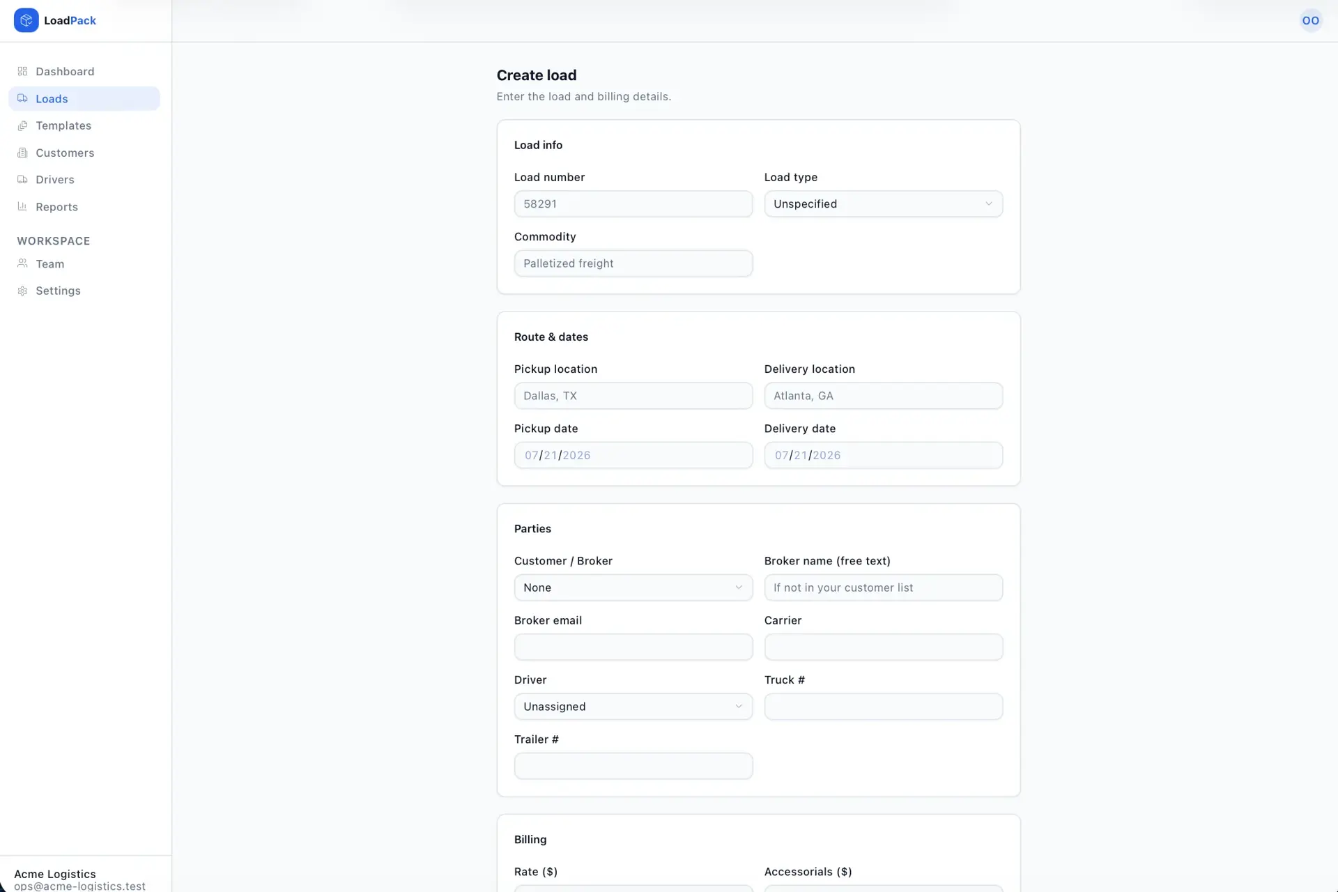Create load form with sections for load info, route and dates, parties, and billing, fields prefilled with a Dallas-to-Atlanta example.