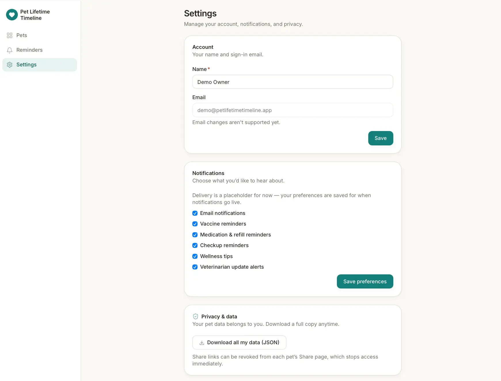 Pet Lifetime Timeline settings with account name and email, notification checkboxes for reminders and alerts, and a data-download option.