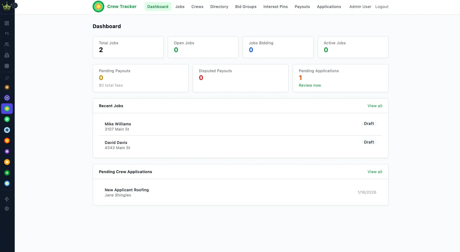 Crew Tracker dashboard opened within CRM Empire's plugin sidebar, showing 2 total jobs, draft recent jobs for Mike Williams and David Davis, and one pending crew application