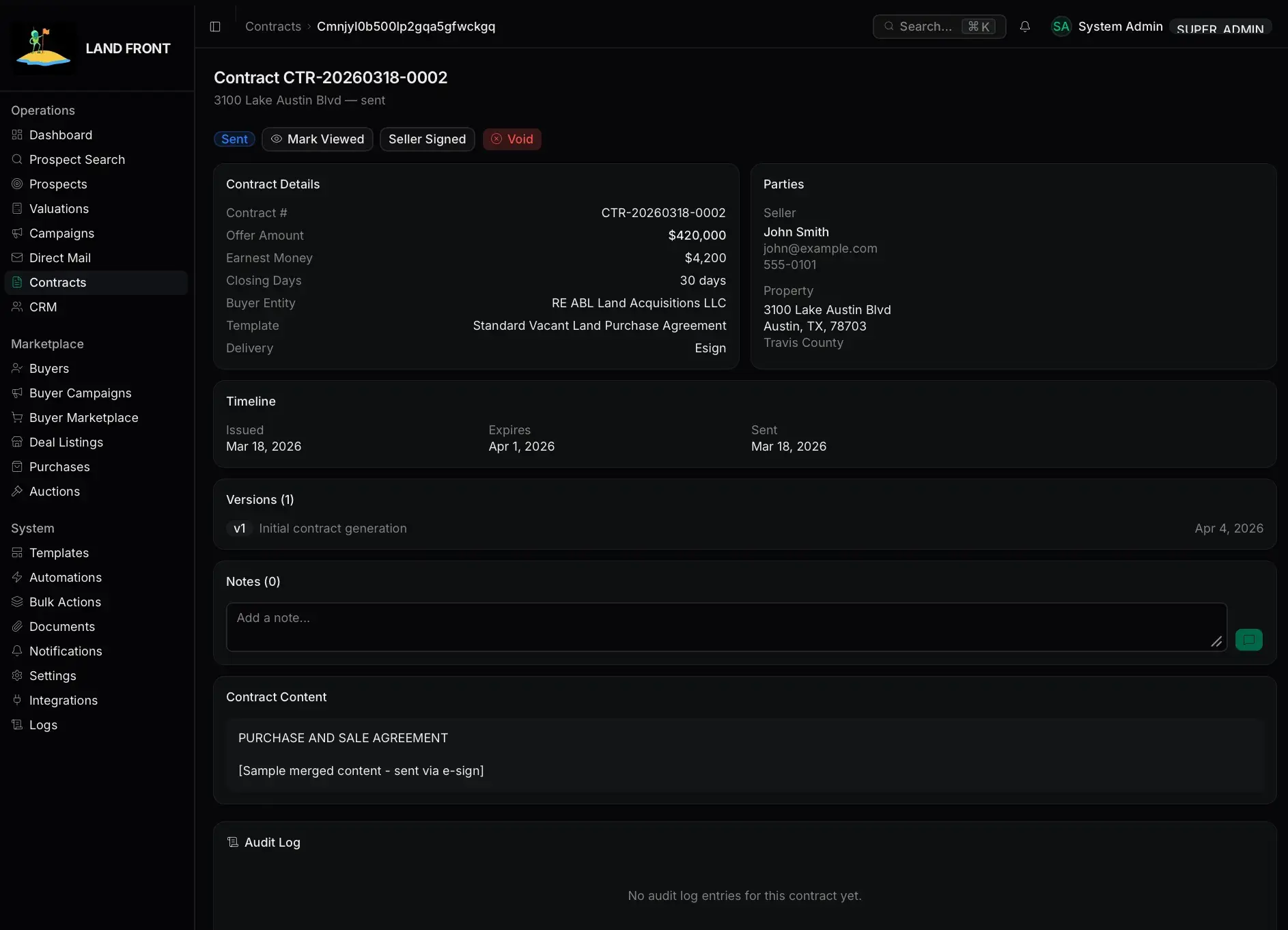 Contract detail for CTR-20260318-0002 showing offer amount, earnest money, closing terms, buyer entity, seller and property parties, timeline dates, versions, and contract content.
