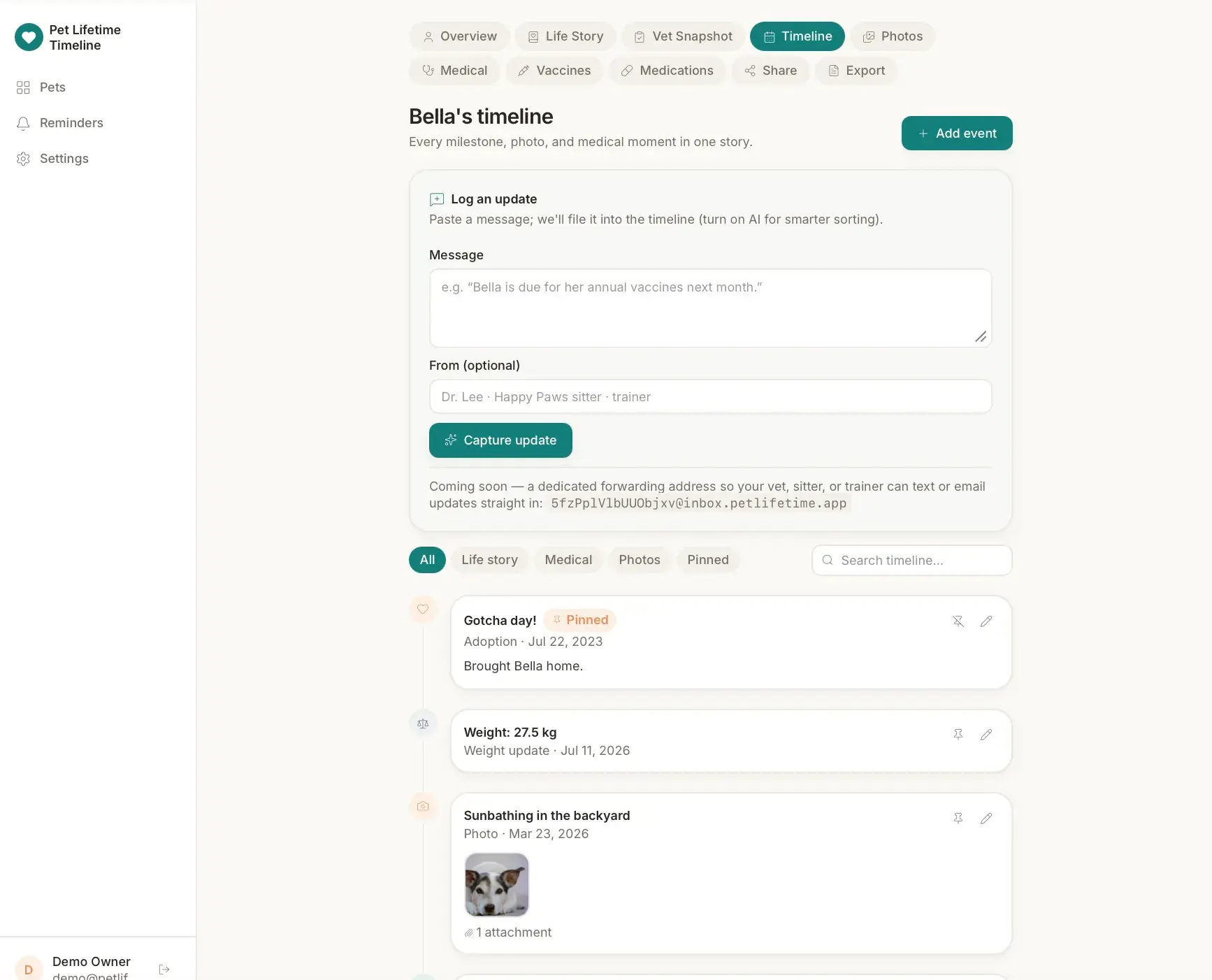 Bella's timeline tab with a 'Log an update' message box and chronological entries: pinned Gotcha day, a weight update, and a backyard photo.