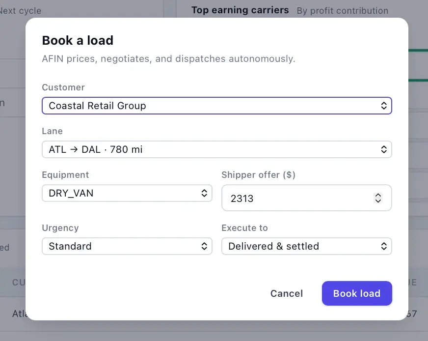 AFIN 'Book a load' modal dialog with dropdowns for customer, lane (ATL→DAL, 780 mi), equipment, shipper offer, urgency, and execute-to, plus Cancel and Book load buttons.